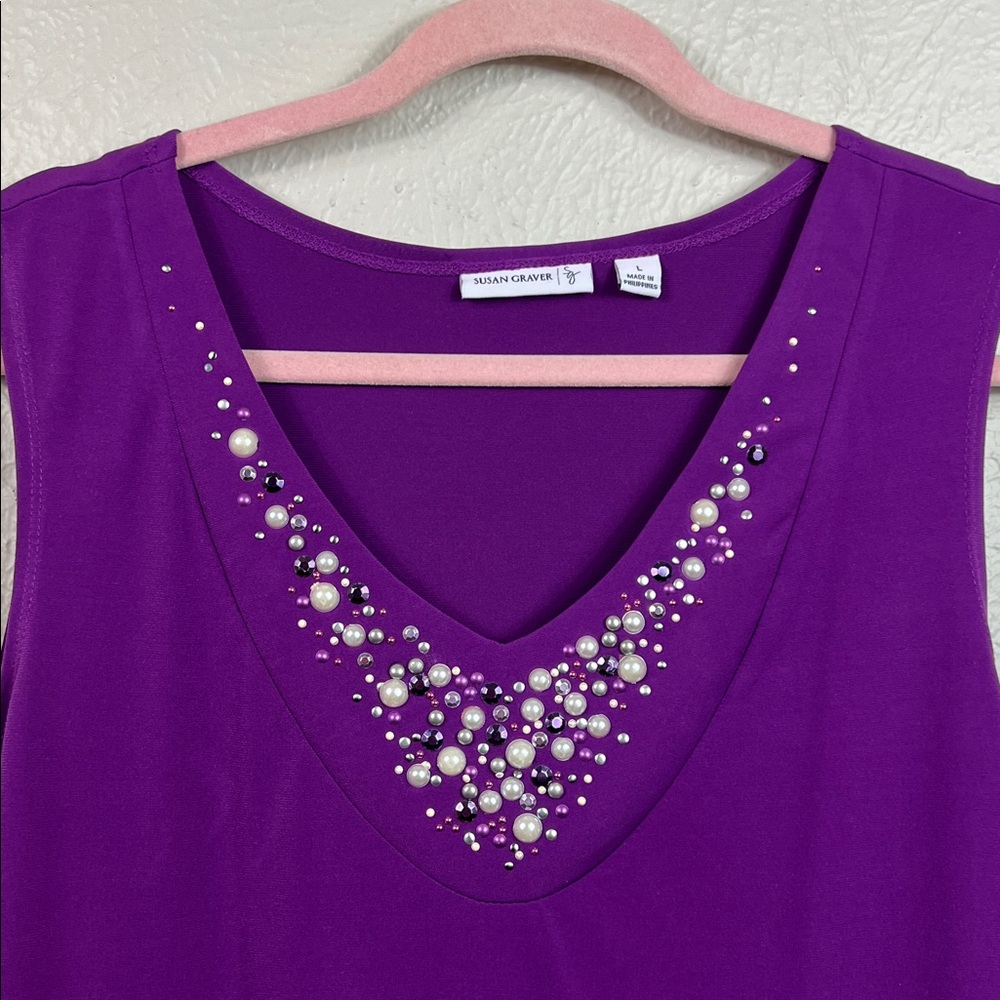 Susan Graver Purple Sleeveless Embellished V-Neckline Top Large - Picture 3 of 5